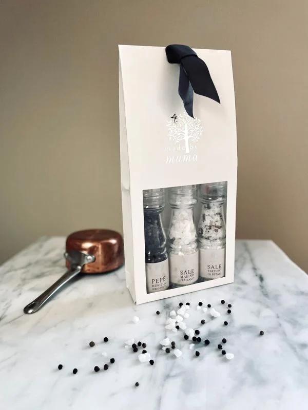 GESCHENKBOX MIT 3 MÜHLEN SALZ/PFEFFER/TRÜFFELSALZ