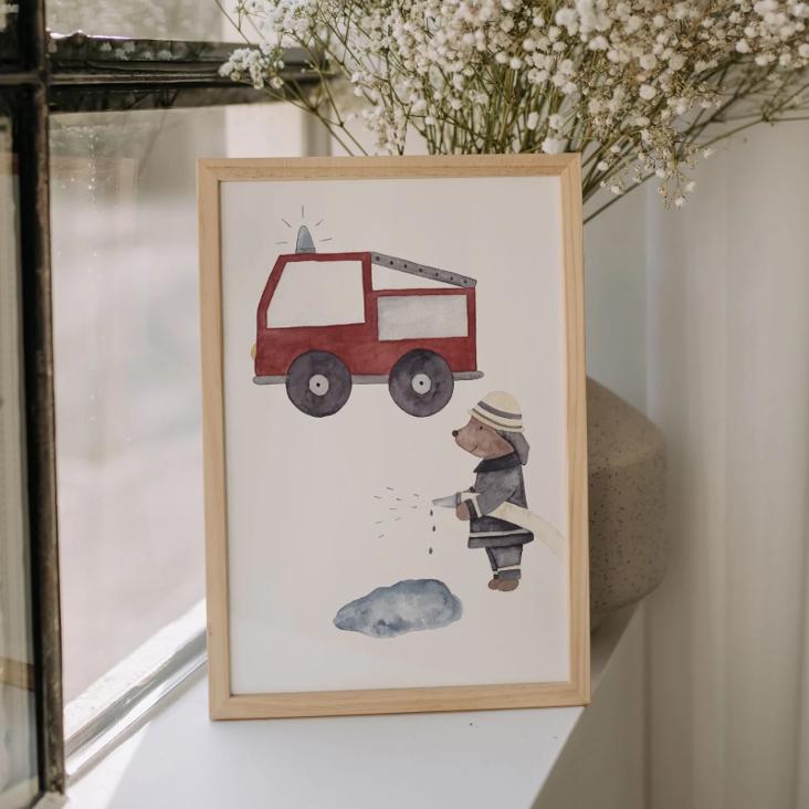 POSTER FEUERWEHRMANN MIT AUTO