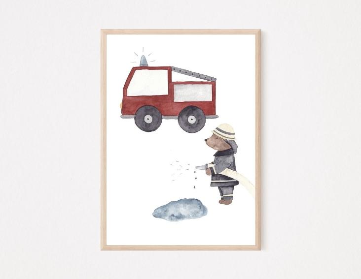 POSTER FEUERWEHRMANN MIT AUTO - 0