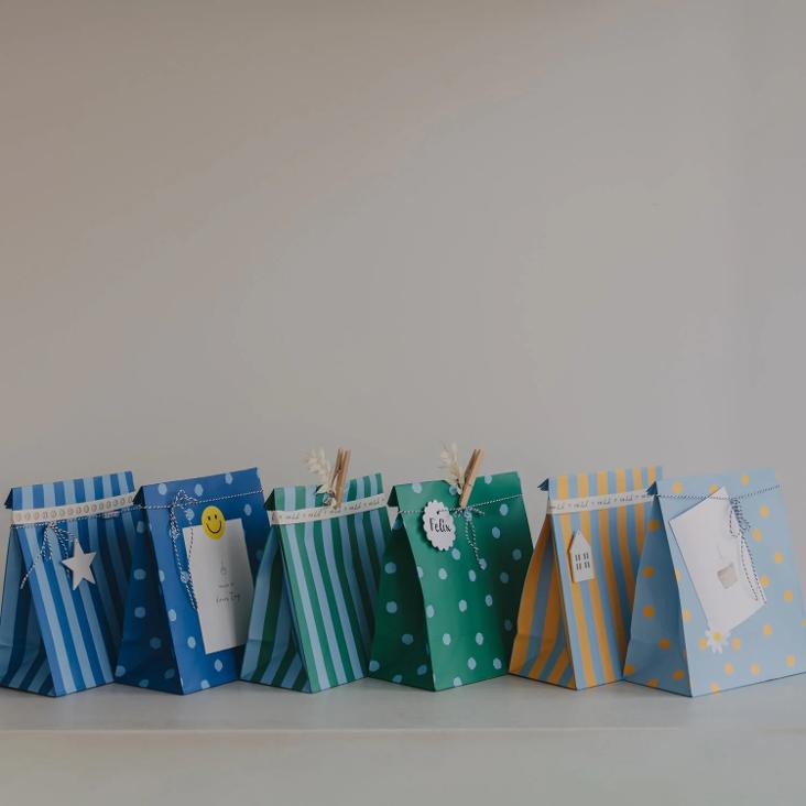 NEU: PAPIERTÜTEN STREIFEN UND PUNKTE BLAU M 6ER SET